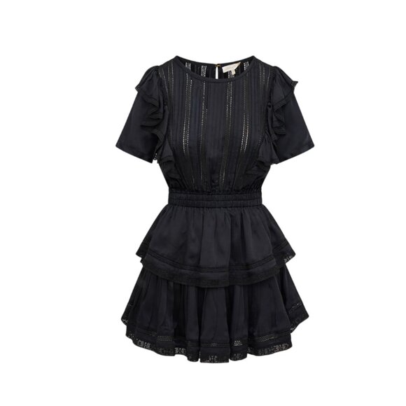 LoveShackFancy Natasha Mini Dress Womens XS Black Cotton Ruffle Short Sleeve - Picture 1 of 13